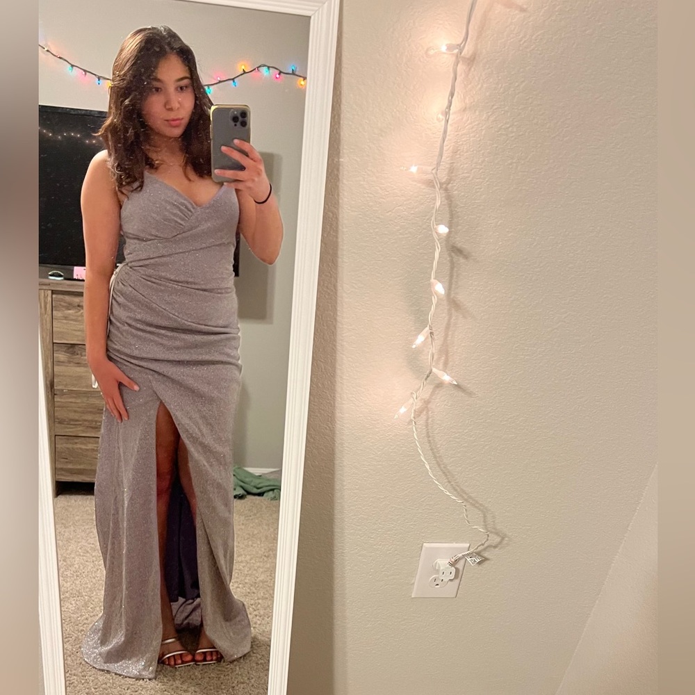 Elizabeth K light purple glitter prom dress wrap style with cross back